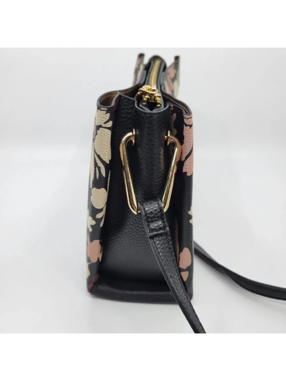 Anne Klein Black Floral Crossbody Bag Adjustable Strap Gold Hardware
